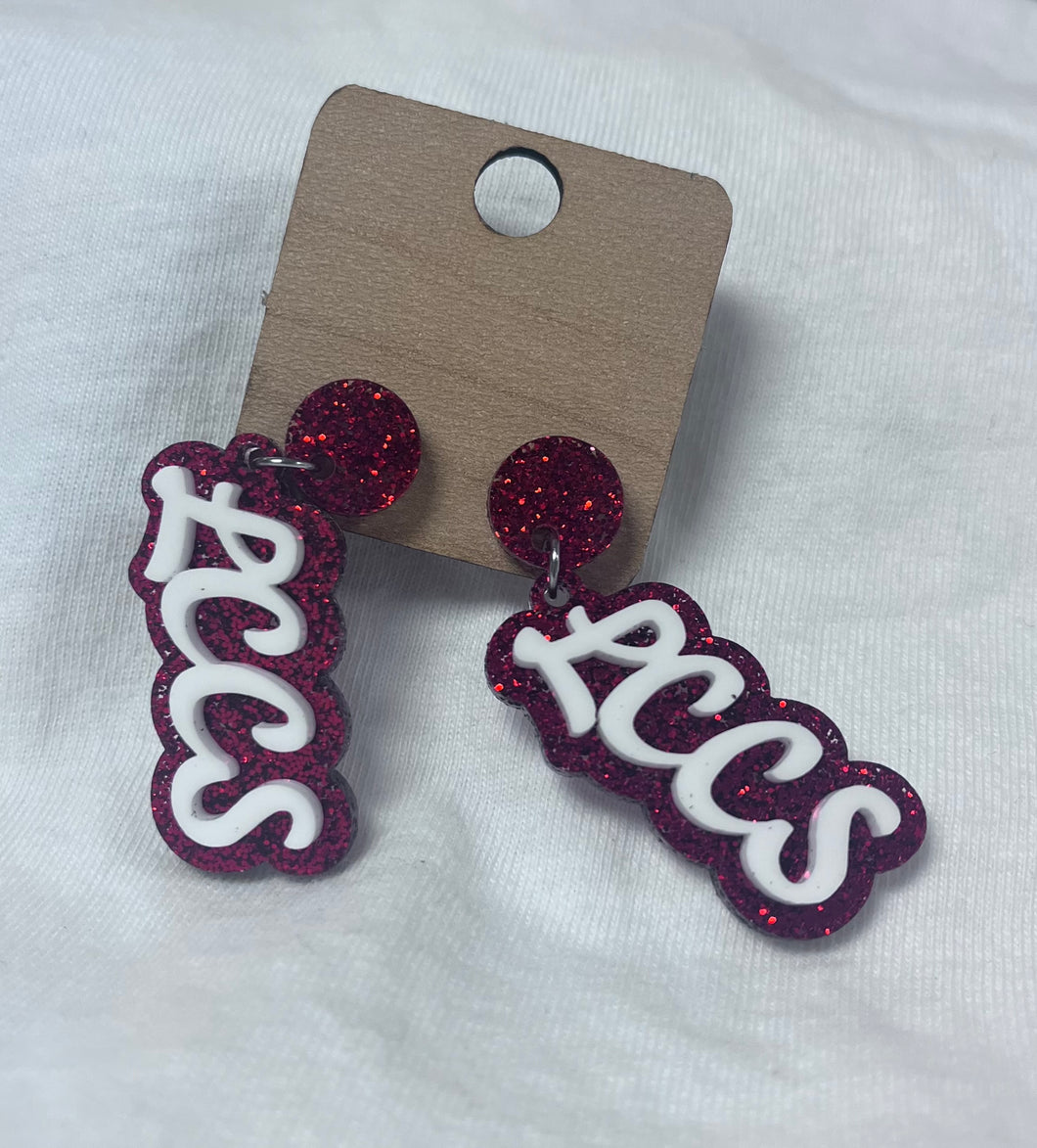 LCCS 2” Script Red & White Sparkle Earrings