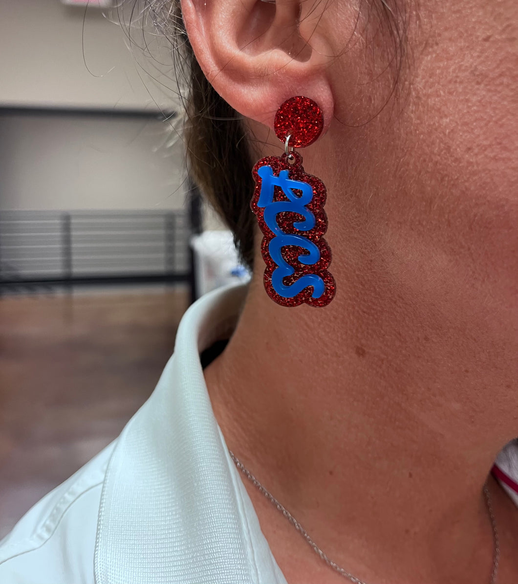 LCCS 2” Script Blue & Red Sparkle Earrings