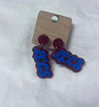 Load image into Gallery viewer, LCCS 2” Script Blue &amp; Red Sparkle Earrings
